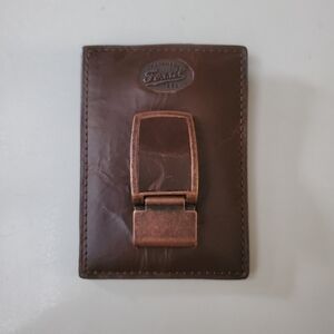 Mens Fossil Brown Leather Thin Card Wallet Money Clip